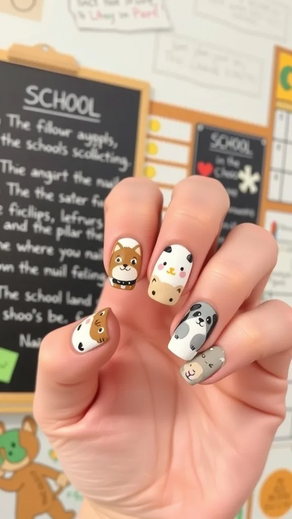 Nails featuring cute animal designs like puppies, kittens, and pandas.