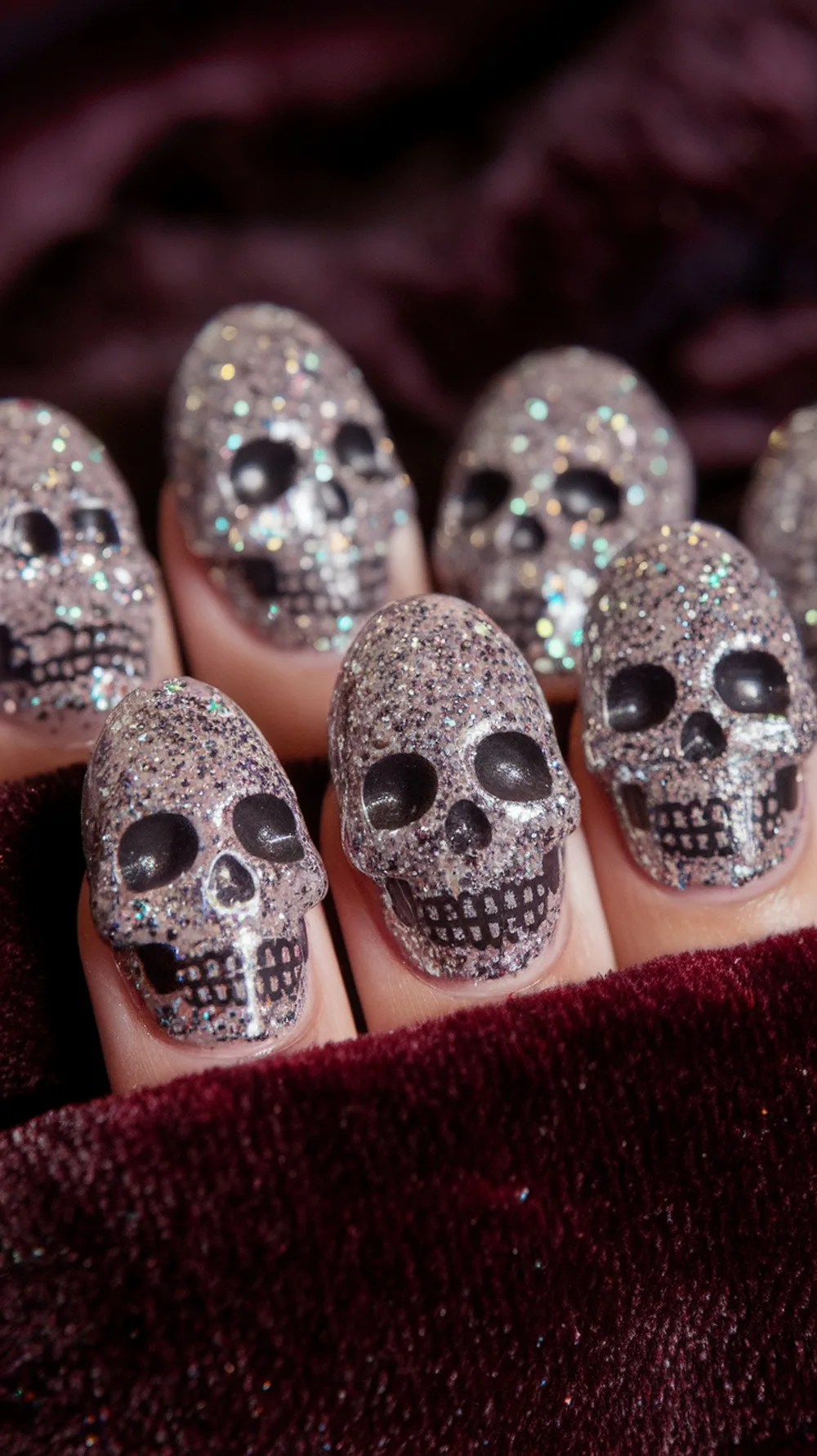 Nails featuring glittery skull designs for Halloween