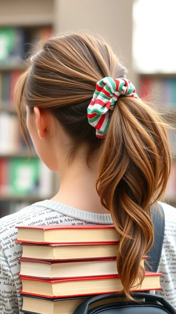 A girl with a stylish ponytail secured with a colorful scrunchie, carrying books.