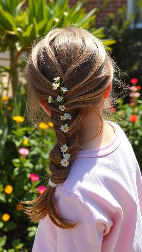 A girl with a side braid adorned with small flowers, standing in a garden.