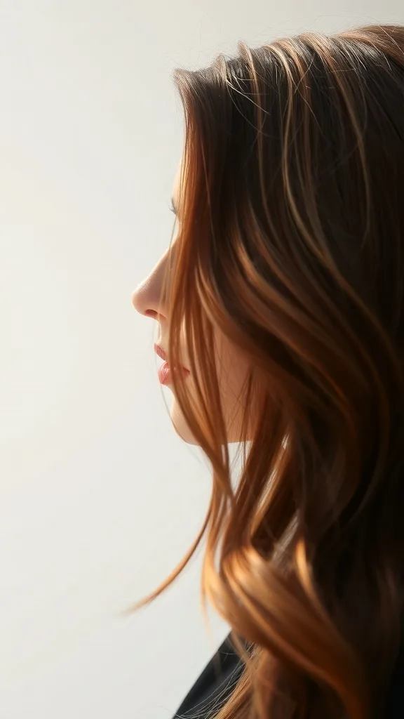A profile view of a woman with copper balayage hair, showcasing warm tones and soft waves.
