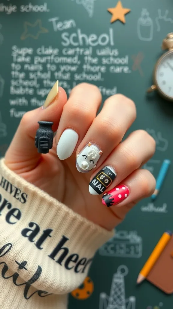 A hand with colorful textured nail art featuring school-themed designs.