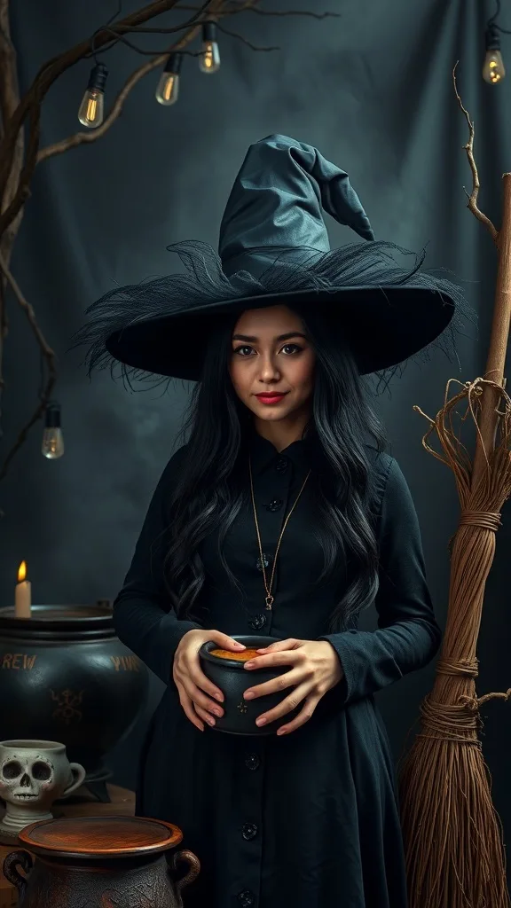 A woman in a black witch costume with a pointed hat, holding a cauldron.