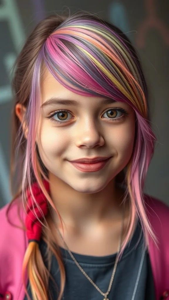 A hairstyle featuring vibrant hair chalk highlights in various colors.