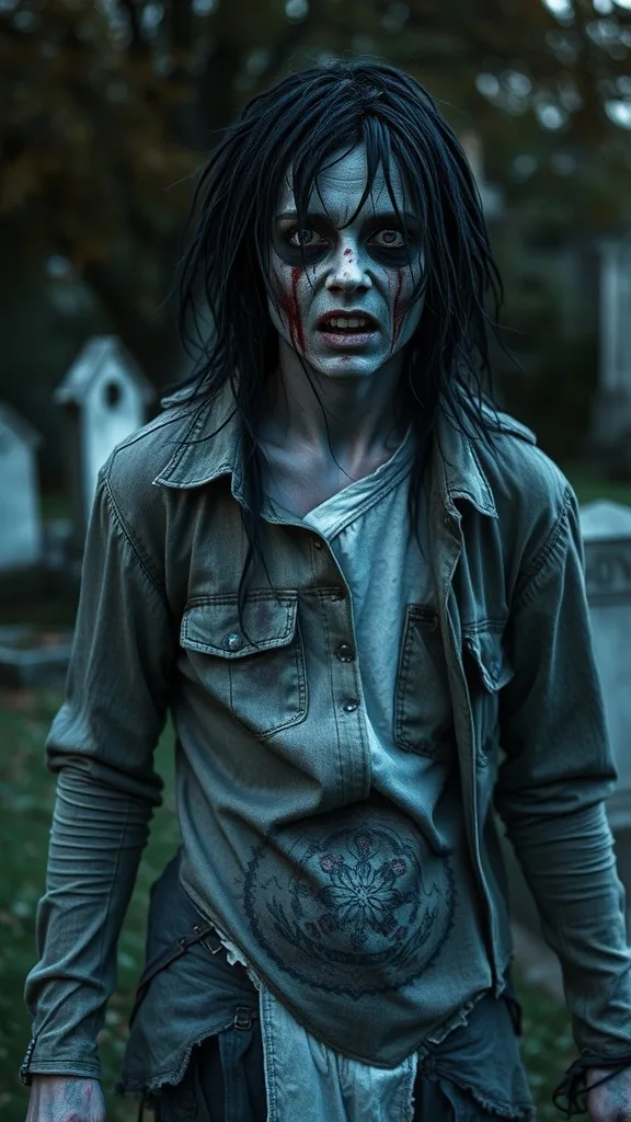 A zombie with black hair, pale skin, and tattered clothing, standing in a graveyard.
