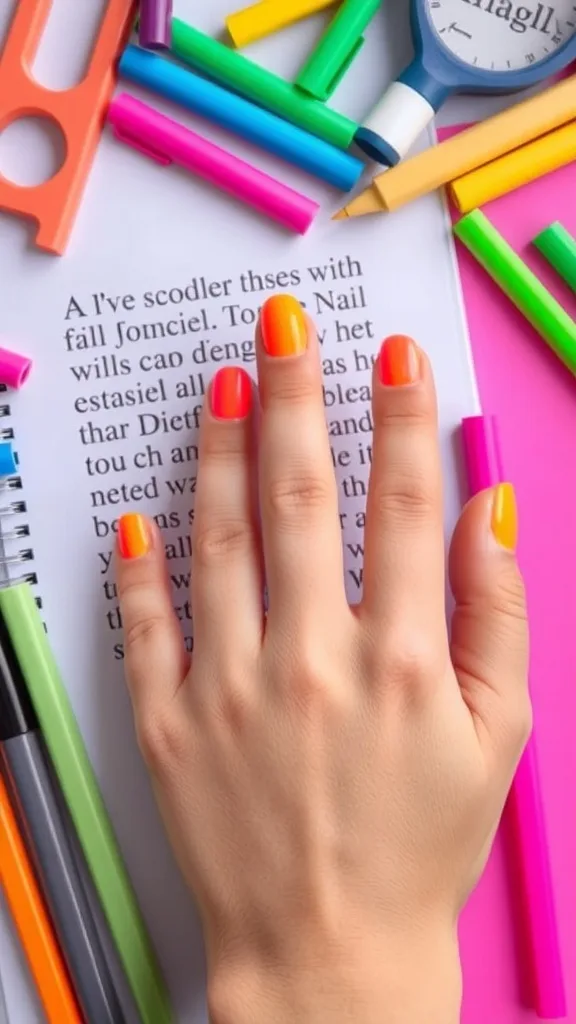 A hand with bold neon colored nails surrounded by school supplies.