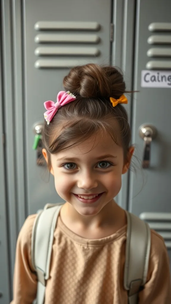 A young girl with a messy bun hairstyle adorned with colorful hair accessories, smiling in front of school lockers.