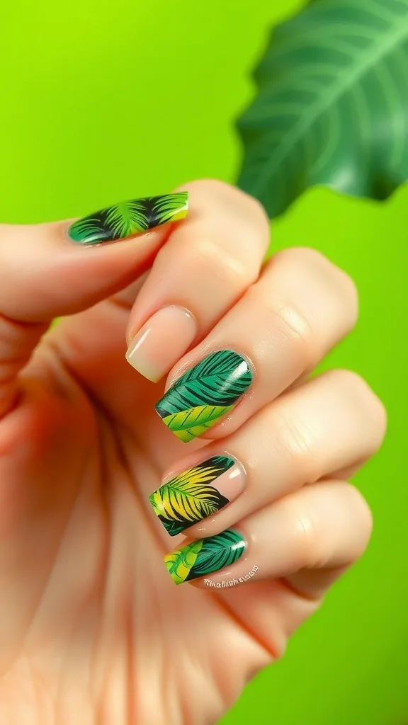 Nail designs featuring tropical leaf patterns on a pink background, surrounded by green leaves.