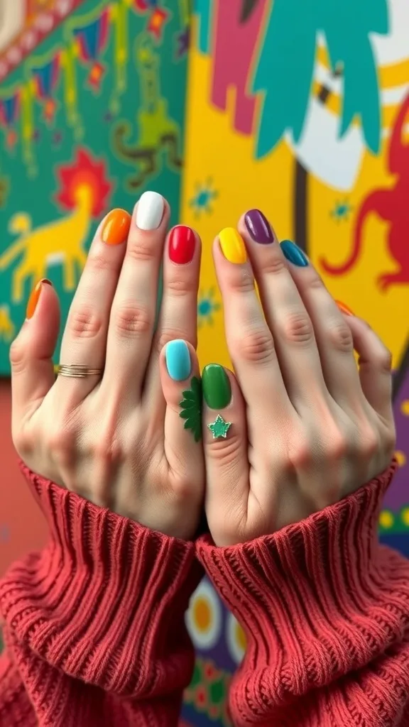 Hands showing colorful nails with various bright colors against a vibrant background.