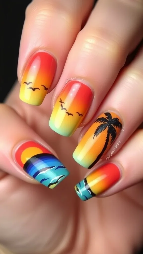 Nail design featuring a beach sunset with palm trees