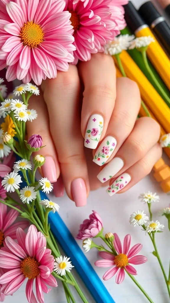 Nail art featuring floral designs with pink and white flowers, surrounded by colorful stationery.