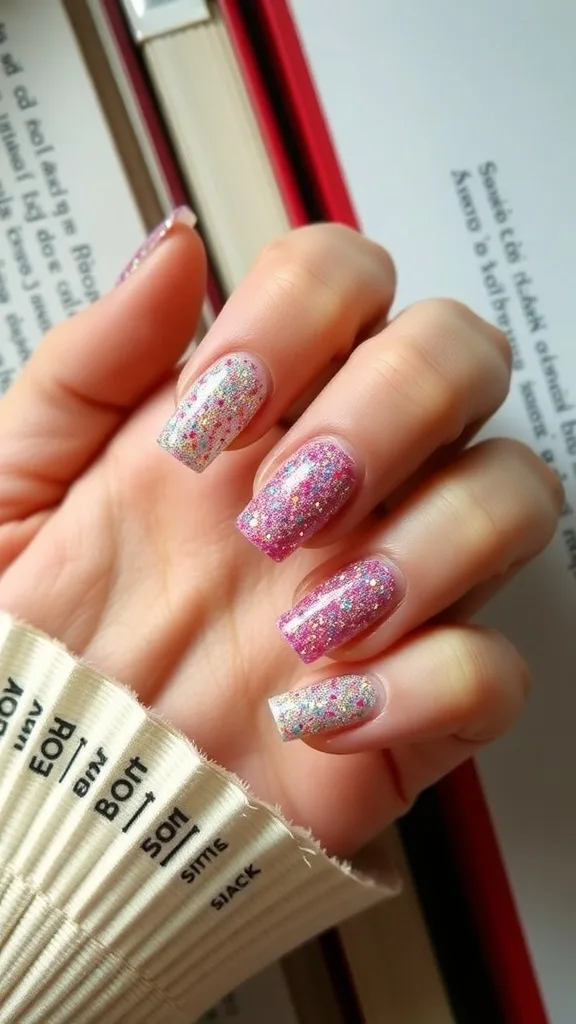 A hand with glittery pink and silver nails.