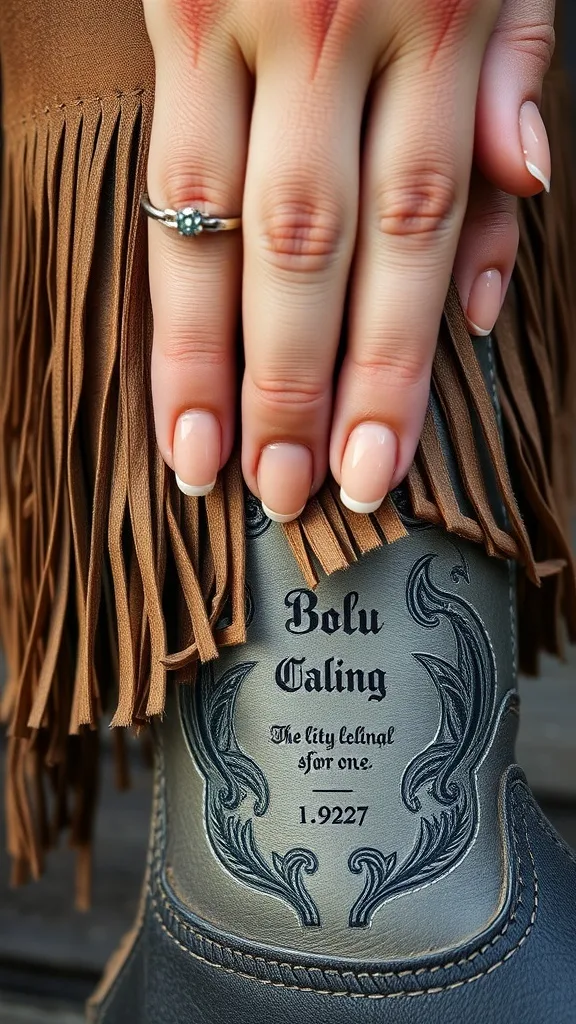 Close-up of a hand with fringed leather and simple nails