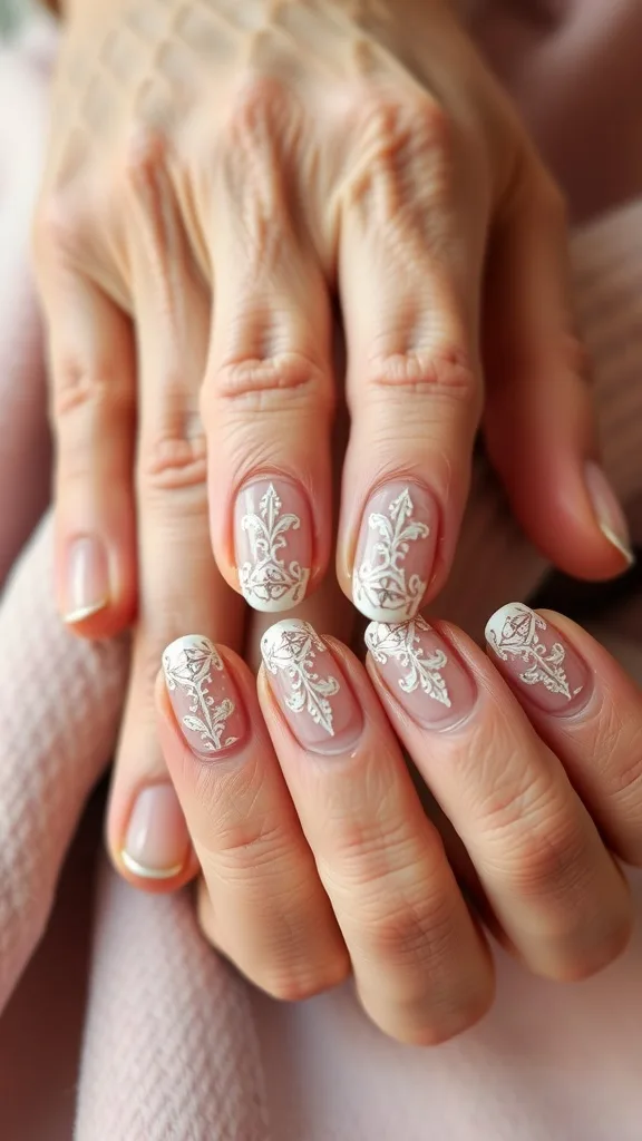Close-up of hands with delicate lace nail art on natural nails.