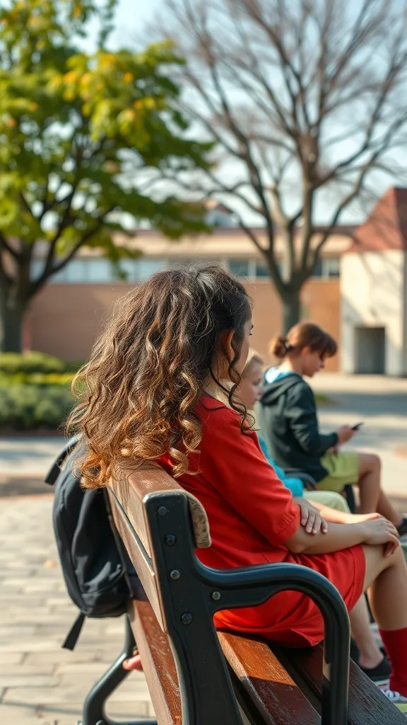 A girl with textured waves sitting on a bench, enjoying a casual day.