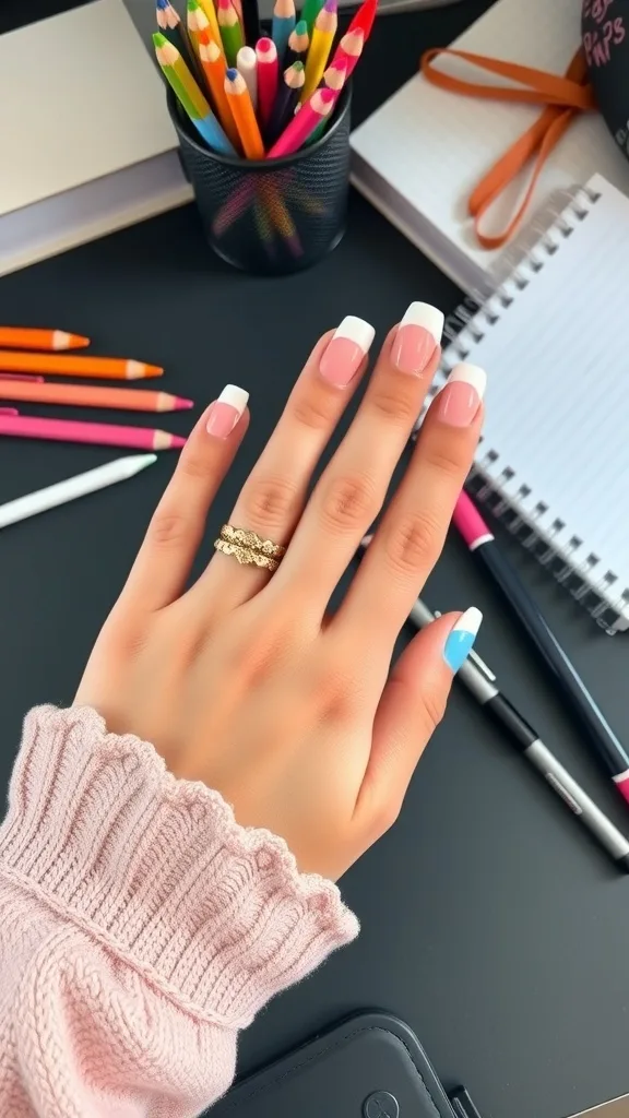 A hand with classic French tip nails and a blue accent nail, surrounded by school supplies.