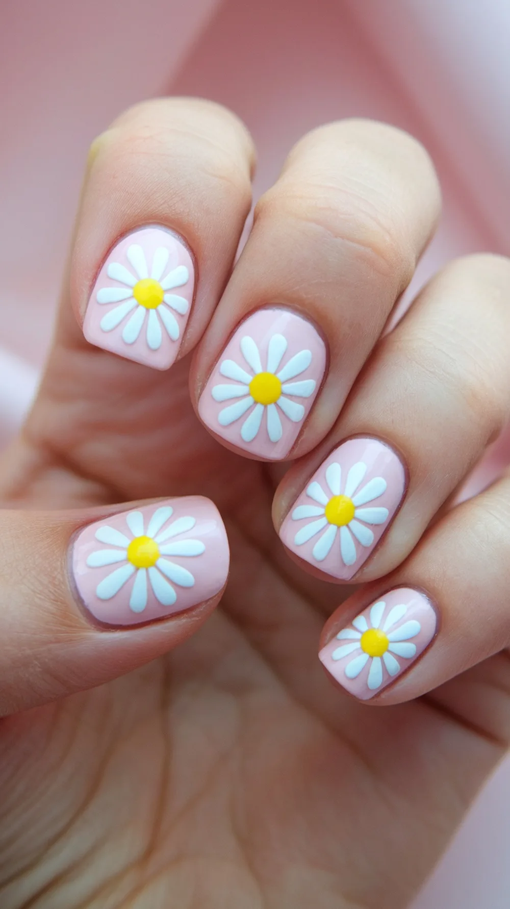 Nail art featuring white daisies with yellow centers on a pink background.