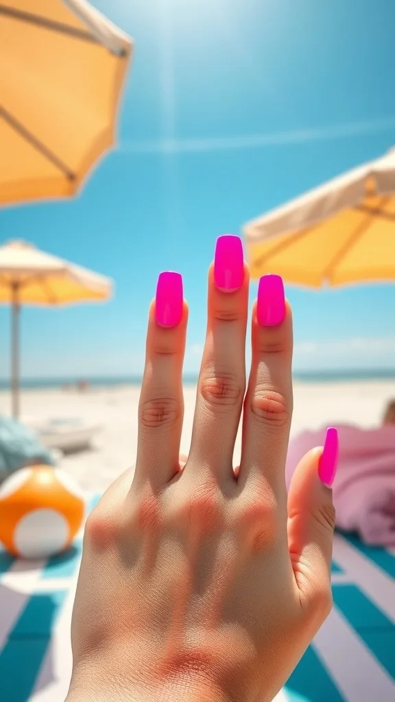 A hand with neon hot pink nails in front of beach umbrellas and a sunny sky.