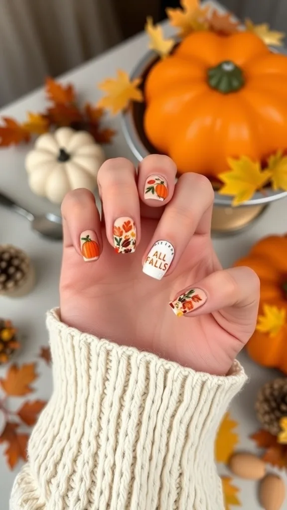 A hand with fall-themed nail art featuring pumpkins and autumn leaves.