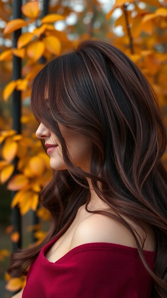 A woman with burgundy-tinted hair, surrounded by autumn leaves.