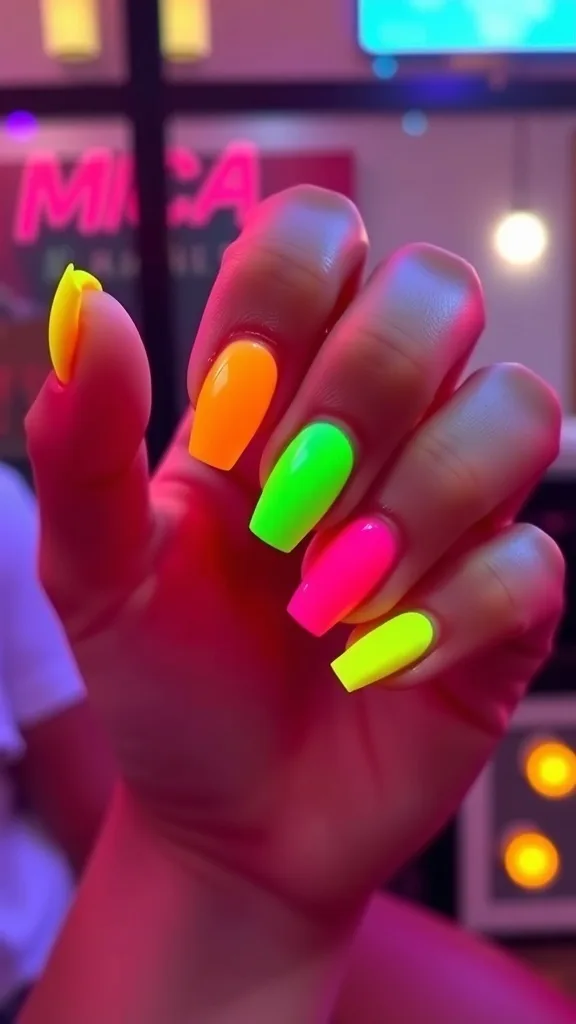 A tray filled with neon nail art accessories including flamingos, leaves, and lemon slices.