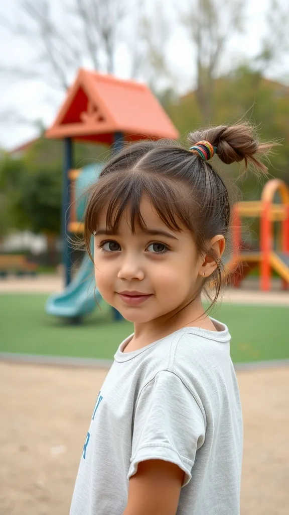 A young girl with a half-up twisted hairstyle, smiling at the camera.