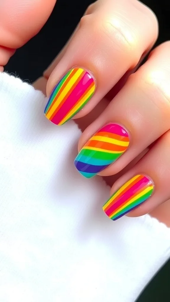 Nails with rainbow stripes in vibrant colors