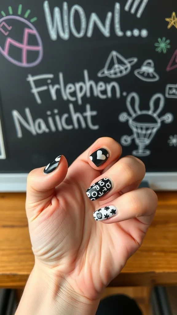 Chalkboard inspired nail design with black and white patterns.
