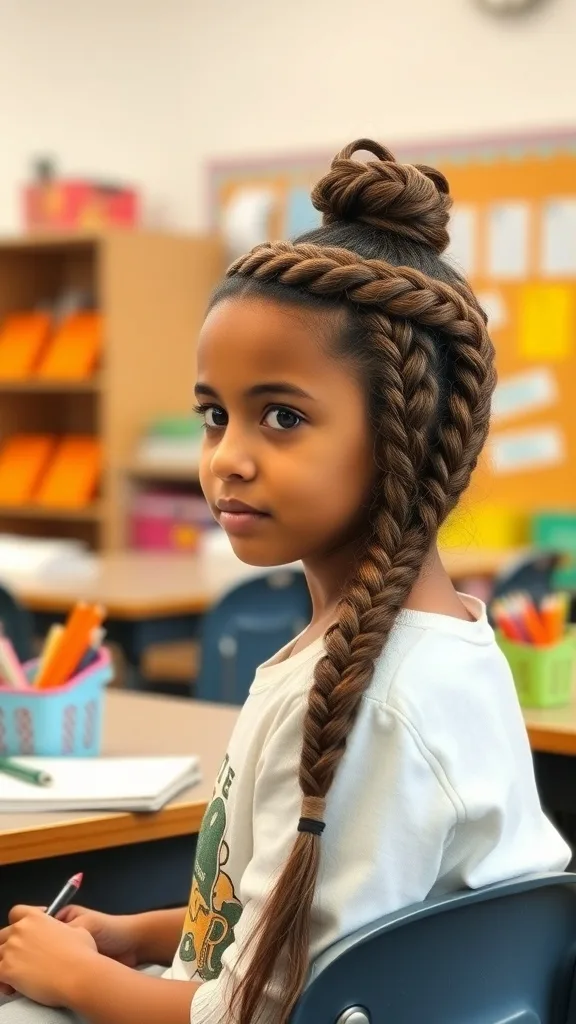 A girl with a braided crown hairstyle, sitting at a school desk.