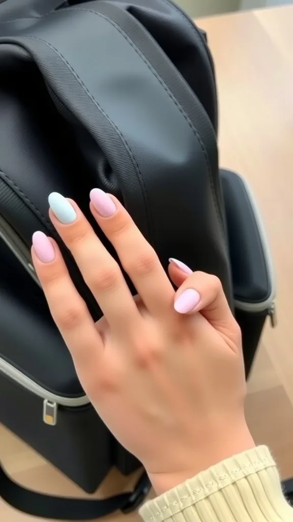A hand with matte pastel nails, featuring light blue and pink shades, resting on a black backpack.