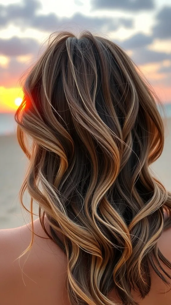 A close-up view of wavy hair in sandy brown with soft highlights, illuminated by a sunset.