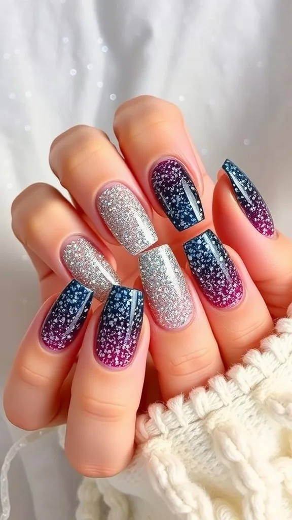 Nails featuring a glitter ombre effect with shades of silver, blue, and purple.