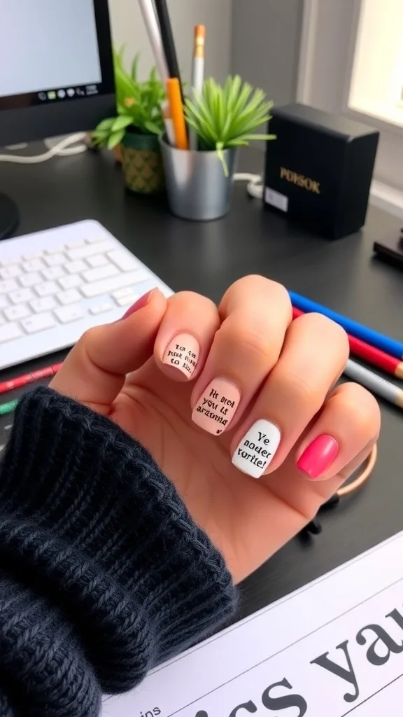 A hand with colorful nails featuring inspirational quotes on a desk with office supplies.