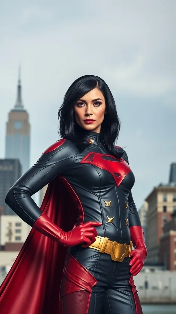 A confident superhero with black hair, wearing a stylish costume with a red cape and emblem.