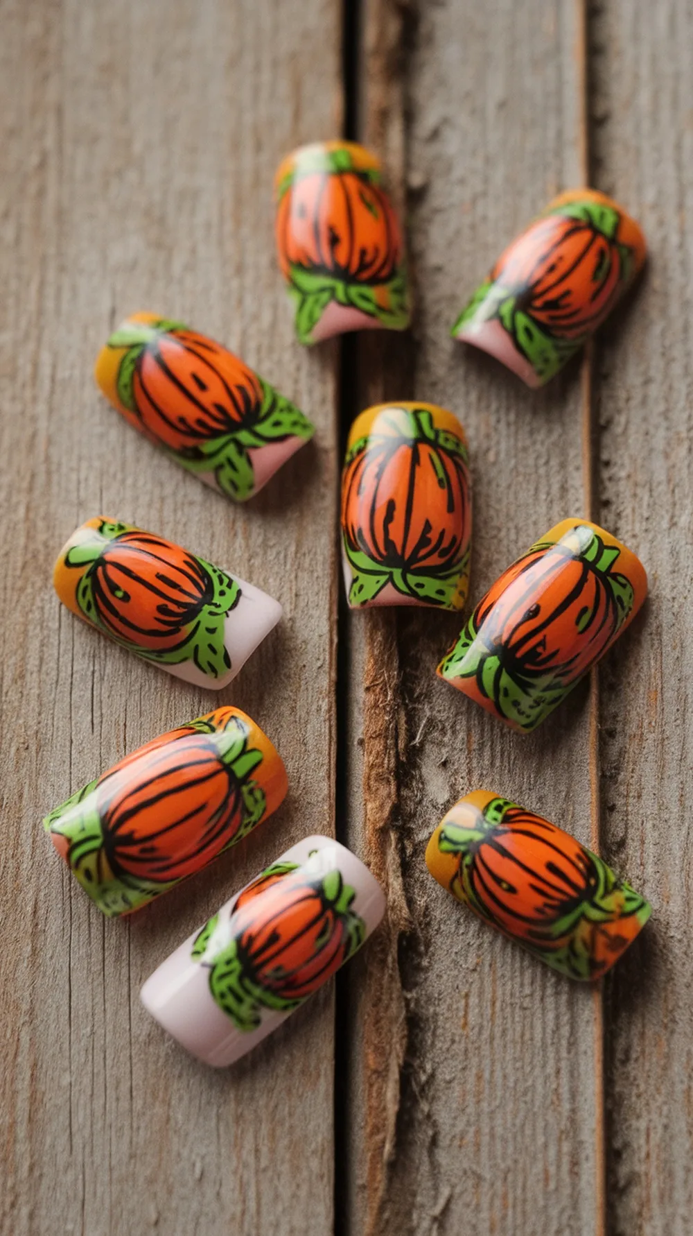 Nail designs featuring pumpkins on a wooden surface