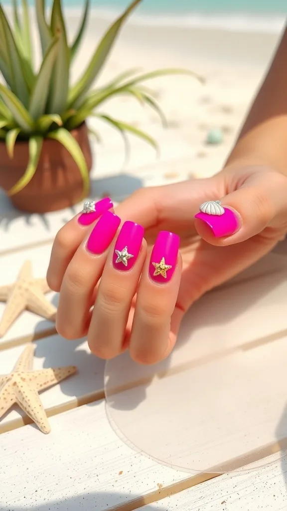 A hand with hot pink nails featuring shell and starfish designs, set against a beach background.