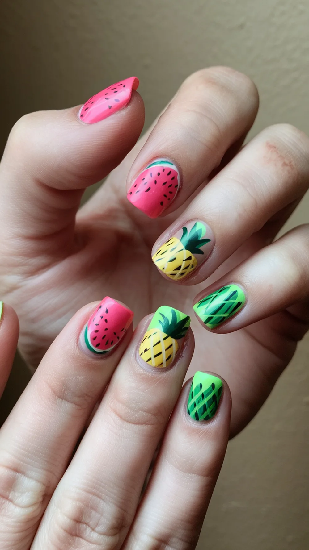 Colorful fruit-inspired nail designs featuring watermelon, pineapple, and green patterns.