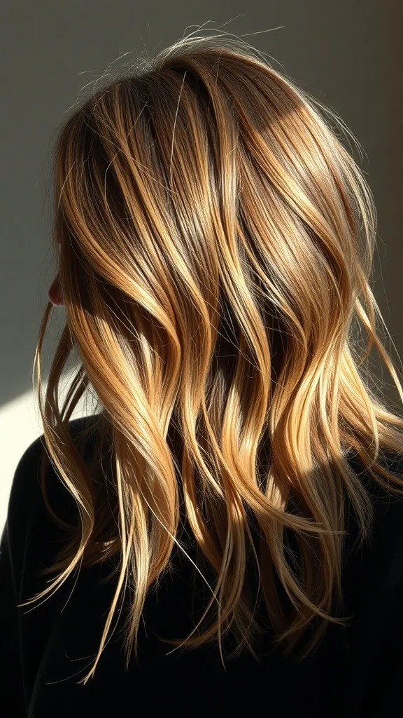 Brunette hair with soft caramel highlights, showcasing waves and dimension.