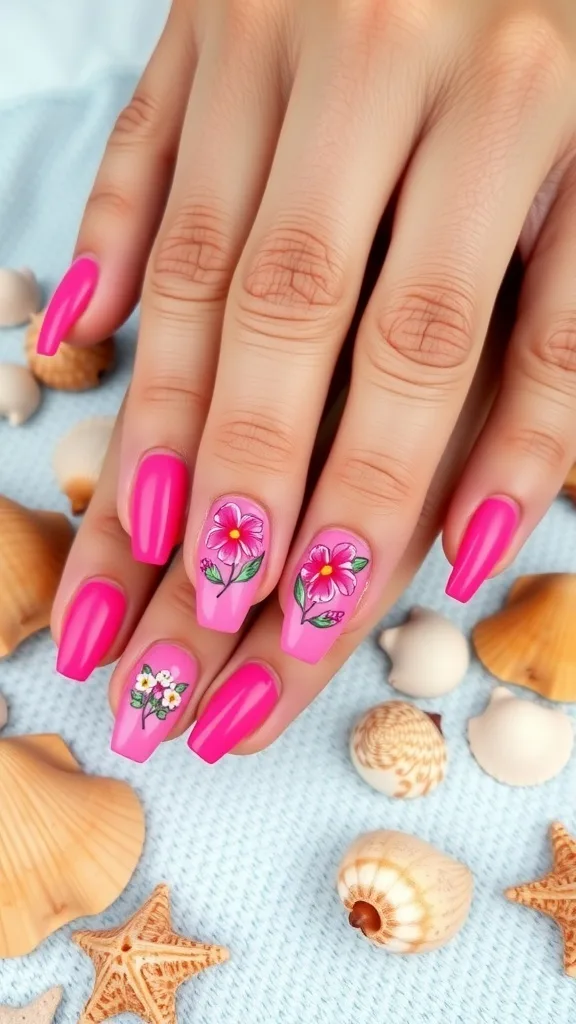 Close-up of hands with hot pink nails featuring tropical floral designs, surrounded by seashells.