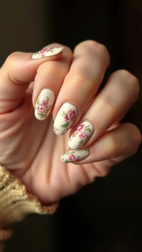 A collection of vintage floral nail designs in pastel colors.