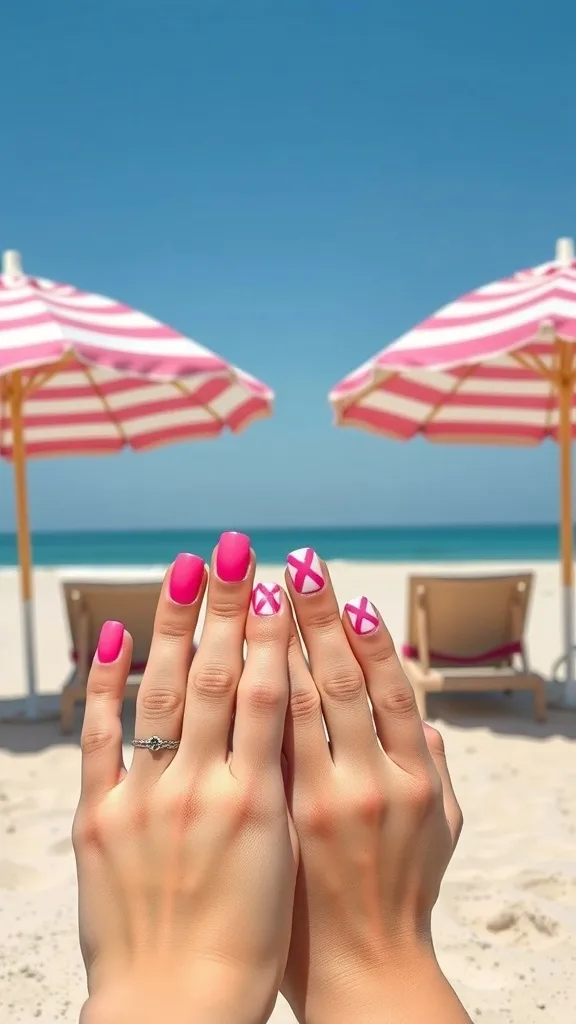 Close-up of hands with hot pink nails featuring geometric patterns, set against a beach background with umbrellas.