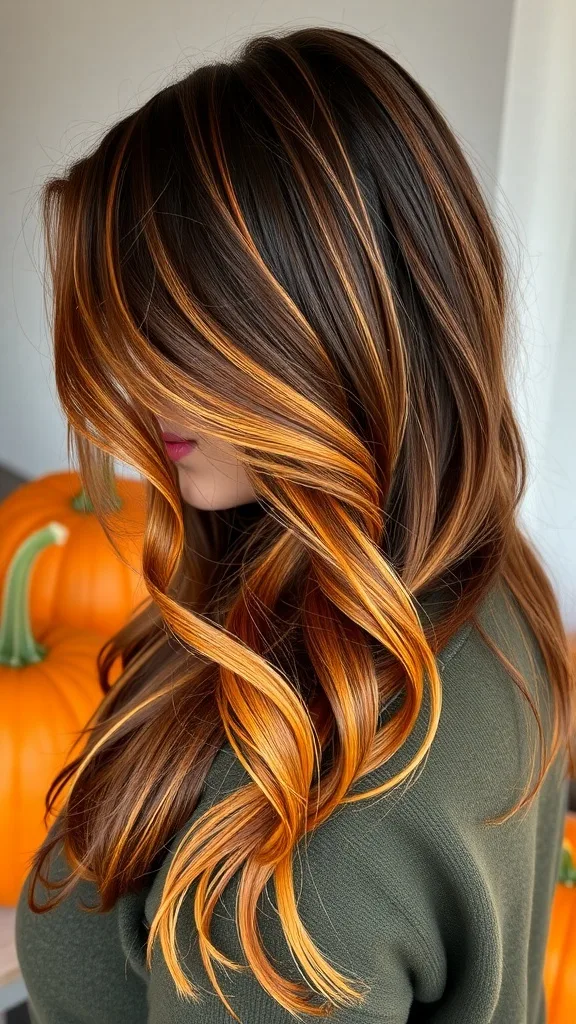 Brunette hair with pumpkin spice tips, showcasing warm orange highlights against a dark base.