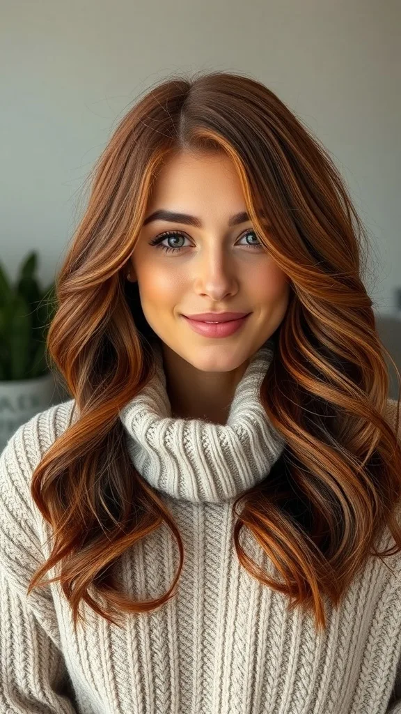 A woman with auburn hair styled in loose waves, wearing a cozy sweater.