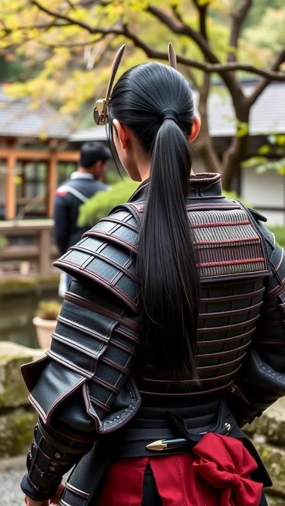 A person in a samurai costume with long black hair, viewed from behind.