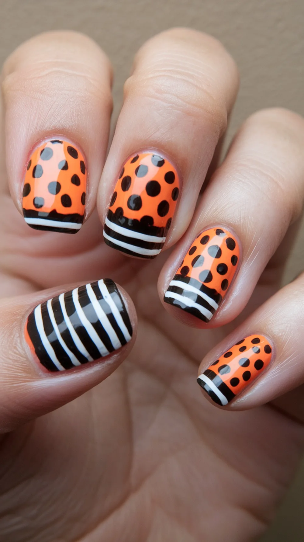Nail design featuring orange and black polka dots and stripes for Halloween.