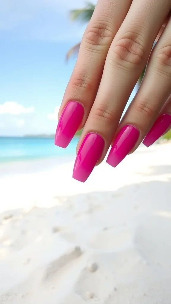 Close-up of vibrant hot pink ombre nails against a beach background.