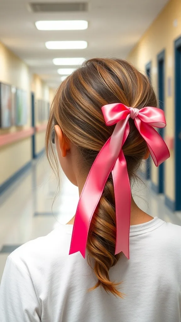 A girl with a sleek low ponytail adorned with a pink ribbon, standing in a school hallway.