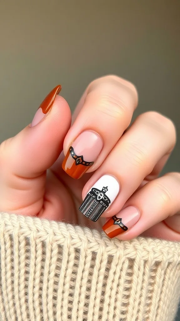 Close-up of western simple nails featuring fringe details in warm colors.
