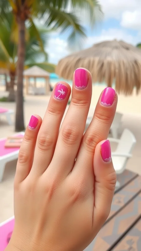 A hand with hot pink nails featuring beach-themed stickers, set against a tropical background.