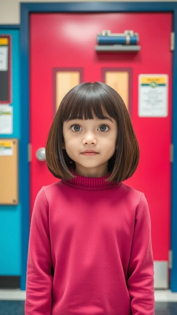 A young girl with a cute bob hairstyle and bangs, wearing a pink sweater, standing in front of a colorful school door.